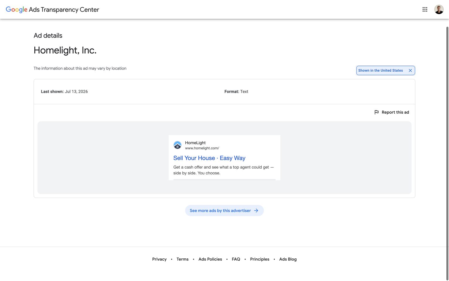 Google Ads Transparency Center screenshot of HomeLight seller search ad